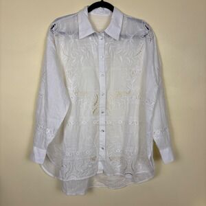 MNG MANGO Para Guipure‎ Lace Cotton Button-Up Shirt Top Size Medium White Eyelet
